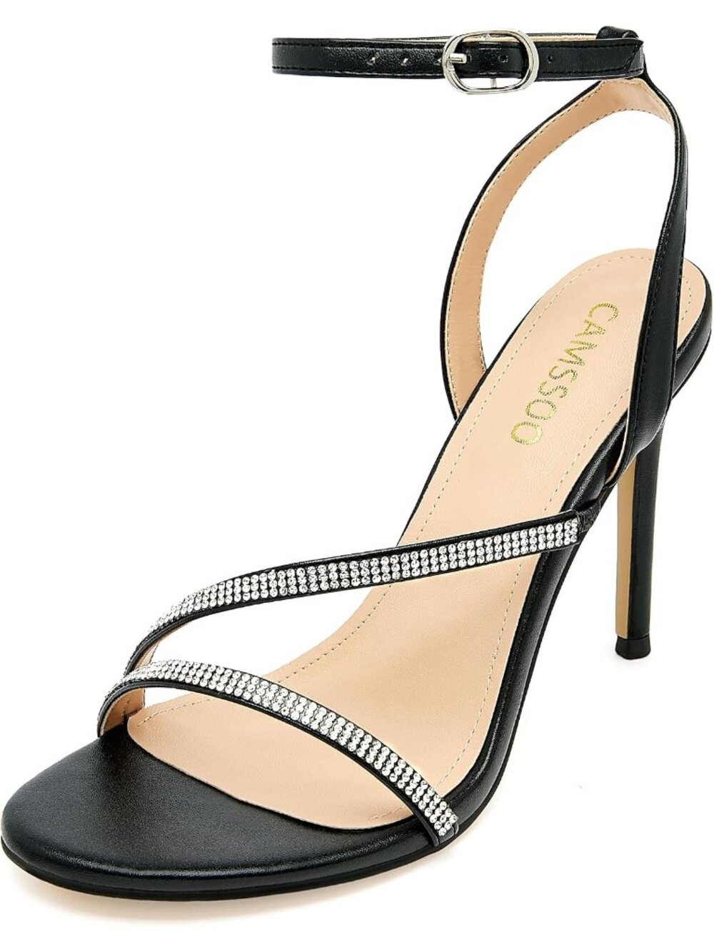 Women's Black Faux Leather Slingback Rhinestone Stiletto Dresses Heels Sandals